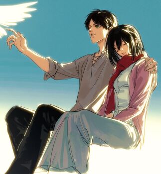 1boy 1girl arm_around_shoulder bird black_hair black_pants blue_background breasts cardigan closed_eyes closed_mouth collared_shirt couple eren_yeager facial_scar feet_out_of_frame grey_shirt grey_skirt hair_between_eyes hetero leaning_on_person long_skirt medium_breasts mikasa_ackerman pants parted_bangs parted_lips pink_cardigan red_scarf scar scar_on_cheek scar_on_face scarf shingeki_no_kyojin shirt short_hair skirt white_shirt xiajiuwan