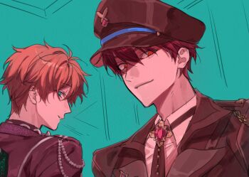 2boys absurdres black_hat brown_hair closed_mouth collared_shirt commentary_request ensemble_stars! evil_telephone_(ensemble_stars!) gem gobong_(gobong_bb) green_eyes hair_between_eyes hat highres korean_commentary looking_at_viewer male_focus morisawa_chiaki multiple_boys red_eyes shirt short_hair sideways_glance takamine_midori upper_body