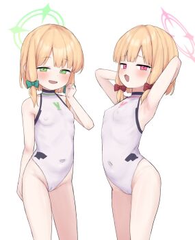 2girls alternate_costume armpits arms_behind_head arms_up bare_arms bare_shoulders blonde_hair blue_archive blush bow breasts cameltoe covered_erect_nipples covered_navel cowboy_shot green_bow green_eyes green_halo groin hair_bow half-closed_eyes halo highleg kimotius leotard loli looking_at_viewer midori_(blue_archive) momoi_(blue_archive) multiple_girls one-piece_swimsuit open_mouth pink_eyes pink_halo red_bow short_hair simple_background small_breasts smile standing swimsuit white_background white_leotard