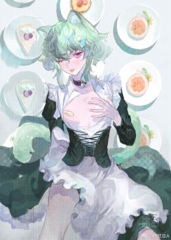 1boy ;p alternate_costume animal_ear_fluff animal_ears apron back_bow bandaid bandaids_on_nipples bell black_collar black_corset black_dress bow cake cake_slice cat_boy cat_ears cat_tail center_opening chinese_commentary clothes_lift collar collared_shirt commentary_request corset cowboy_shot crossdressing crossdressing_(mtf) dress dress_lift food food-themed_background frilled_apron frilled_straps frills green_hair green_tail grey_background hair_ornament hand_on_own_chest highres jingle_bell jueshizonga juliet_sleeves kemonomimi_mode light_blush lio_fotia long_sleeves looking_at_viewer lying maid maid_apron male_focus male_maid neck_bell on_back one_eye_closed open_clothes open_shirt partially_open_shirt pasties plate promare puffy_male_chest puffy_sleeves purple_eyes seal_impression shirt short_hair short_hair_with_long_locks sleeve_cuffs solo tail thighs tongue tongue_out trap very_short_hair waist_apron watermark weibo_watermark whipped_cream white_apron white_bow wing_collar