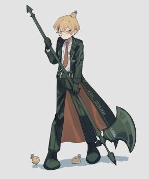 11230kingyo 1boy baby_animal bird bishounen black_gloves black_suit blonde_hair character_name chick closed_mouth collared_shirt english_text formal_clothes full_body gloves halberd highres holding holding_weapon limbus_company looking_at_viewer male_focus necktie pants polearm project_moon red_necktie shirt short_hair simple_background sinclair_(project_moon) solo standing suit weapon white_background white_shirt yellow_eyes