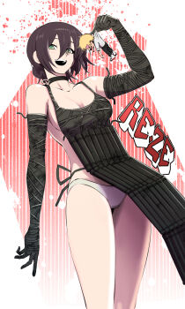 1boy 1girl :d absurdres arm_up black_dress black_gloves black_hair blush bomb_devil_(chainsaw_man) bomb_devil_(chainsaw_man)_(cosplay) breasts chainsaw_man character_name cleavage collarbone commentary cosplay denji_(chainsaw_man) dress elbow_gloves gloves green_eyes hair_bun heart heart-shaped_eyes highres looking_at_viewer medium_breasts mini_person miniboy open_mouth panties reze_(chainsaw_man) samacho smile thighs underwear white_panties