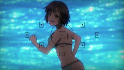 1girl animated anime_screenshot ass beach beach_towel beach_umbrella bikini black_hair blindfold bouncing_breasts breasts camera_view chopsticks cleavage closed_eyes eating food fruit green_bikini holding holding_food in_water jumping kneeling large_breasts looking_at_viewer lying masaki_nonoka on_stomach photokano running short_hair sitting sound stick sunset swimsuit tongue tongue_out towel umbrella video watermelon