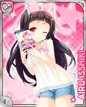 1girl ;) blunt_bangs bow breasts brown_hair camisole card_(medium) character_name denim denim_shorts frilled_camisole frills girlfriend_(kari) hair_bow holding_game_cartridge isshiki_airu jewelry large_breasts long_hair looking_at_viewer necklace official_art one_eye_closed pink_background pink_bow plaid_bow qp:flapper red_eyes shorts smile solo standing thighs white_camisole