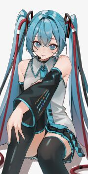 1girl absurdres bare_shoulders black_skirt blue_eyes blue_hair blue_nails collared_shirt detached_sleeves grey_shirt hatsune_miku headset highres knee_up long_hair long_sleeves looking_at_viewer miniskirt nail_polish parted_lips pleated_skirt shirt sitting skirt smile solo thighhighs twintails venn_(vebonbon) very_long_hair vocaloid wire