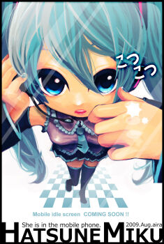 1girl 2009 aira129 black_boots black_skirt black_sleeves blue_eyes blue_hair boots character_name checkered_floor collared_shirt commentary_request detached_sleeves frilled_shirt frilled_shirt_collar frills full_body grey_shirt hatsune_miku highres leaning_forward long_hair long_sleeves looking_at_viewer miniskirt open_mouth pleated_skirt shirt skirt sleeveless sleeveless_shirt solo standing thigh_boots twintails very_long_hair vocaloid white_background