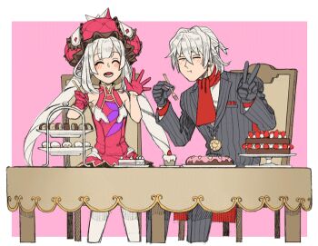 1boy 1girl antonio_salieri_(fate) border closed_eyes commentary_request cropped_legs cupcake dessert fate/grand_order fate_(series) food gloves grey_hair hat jacket long_sleeves marie_antoinette_(fate) open_mouth red_gloves red_hat short_hair striped_clothes striped_jacket table tnaym twintails v white_border