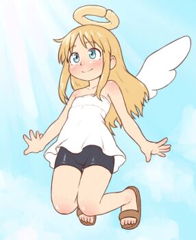 Rule 34 | 1other, bare shoulders, beachepisode, bike shorts, blonde hair, blue eyes, blush, brown sandals, closed mouth, collarbone, crimvael, highres, ishuzoku reviewers, long hair, sandals, smile