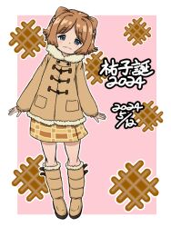 Rule 34 | 1girl, 2024, birthday, blue eyes, boots, brown coat, brown footwear, brown hair, character name, closed mouth, coat, commentary request, cone hair bun, dated, double bun, food, full body, fur-trimmed coat, fur-trimmed footwear, fur trim, girls und panzer, hair bobbles, hair bun, hair ornament, half-closed eyes, head tilt, knee boots, long sleeves, looking at viewer, miniskirt, orange skirt, outline, partial commentary, pink background, plaid, plaid skirt, short hair, skirt, smile, solo, standing, takahashi kurage, translated, waffle, white outline, yuuko (girls und panzer)
