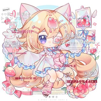 Rule 34 | 1girl, animal ears, artist name, blonde hair, blue bow, blue bowtie, blush stickers, bow, bowtie, cat ears, cat tail, cherry, chibi, detached sleeves, dress, eyelashes, eyepatch, flower, food, frilled dress, frilled sleeves, frills, fruit, full body, hair ornament, hairclip, heart, highres, intravenous drip, long hair, long sleeves, looking at viewer, maguaxiaoxingqiu, original, pink bow, pink dress, pink flower, pink sleeves, pink socks, purple eyes, ribbon, rose, sample watermark, shoes, short dress, sleeves past fingers, sleeves past wrists, socks, solo, sparkle, strawberry, tail, too many watermarks, very long hair, watermark, weibo username, weibo watermark, white background, white dress, white flower, white sleeves, white socks, wide sleeves, x hair ornament