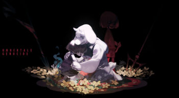 1girl 2others androgynous animal_ears black_background black_eyes black_sclera blood blood_on_clothes brown_hair chara_(undertale) colored_sclera comforting crying evil_smile fang flower frisk_(undertale) from_side full_body furry furry_female genocide_route_(undertale) goat_ears goat_girl goat_horns goat_tail highres holding holding_knife horns knife multiple_others open_mouth pool_of_blood short_hair sitting skin_fang smile standing tail tears toriel undertale utdr_(toby_fox) wariza yellow_flower yotsuyu