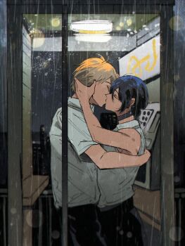 1boy 1girl arm_around_back axelstool bare_shoulders black_choker black_pants black_shorts chainsaw_man choker closed_eyes collared_shirt couple cowboy_shot denji_(chainsaw_man) hair_between_eyes hair_bun hand_in_another's_hair hetero highres kiss medium_hair pants phone_booth rain reze_(chainsaw_man) shirt short_hair short_sleeves shorts sleeveless sleeveless_shirt updo white_shirt