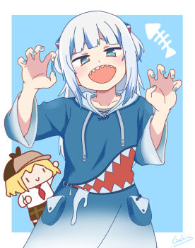 Rule 34 | 2girls, arm up, blue hair, blue nails, brown hat, chibi, claw pose, commentary, fish skeleton, galois, gawr gura, grey hair, hair ornament, hat, highres, hololive, hololive english, hooded dress, multicolored hair, multiple girls, necktie, open mouth, plaid clothes, plaid skirt, red necktie, shark hair ornament, sharp teeth, signature, skirt, smile, smol ame, streaked hair, teeth, two-tone hair, two side up, virtual youtuber, watson amelia