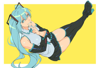 1girl black_boots black_skirt blue_eyes blue_hair blue_nails boots chinese_commentary commentary commentary_request detached_sleeves english_commentary from_above full_body grin hatsune_miku highres long_hair miniskirt mixed-language_commentary ruukii_drift shirt simple_background sitting skirt sleeveless sleeveless_shirt smile solo thigh_boots twintails very_long_hair vocaloid