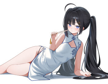 1girl ahoge bare_arms bare_shoulders black_hair blue_eyes breasts china_dress chinese_clothes cleavage_cutout closed_mouth clothing_cutout dress floral_print floral_print_dress folding_fan hair_ornament hairclip hand_fan hashtag-only_commentary highres holding holding_fan indie_virtual_youtuber long_hair looking_at_viewer lying mang_nae_(vtuber) n4_h4m on_side panty_straps pelvic_curtain print_dress reclining side-tie_dress simple_background sleeveless sleeveless_dress small_breasts solo thighs twintails very_long_hair virtual_youtuber white_background white_dress