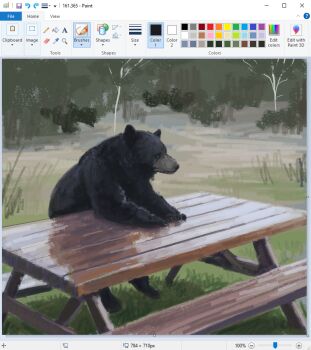 animal animal_focus art_program_in_frame black_bear christian_young commentary day forest microsoft_paint_(medium) microsoft_paint_(software) nature no_humans original outdoors painterly picnic_table reflective_surface screencap sitting table tree wooden_table