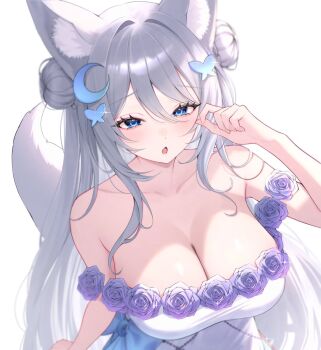 1girl animal_ear_fluff animal_ears bare_shoulders blue_eyes blush breasts butterfly_hair_ornament cleavage collarbone commentary crescent crescent_hair_ornament double_bun dress english_commentary flower fox_ears fox_girl fox_tail grey_hair hair_between_eyes hair_bun hair_ornament hand_up highres indie_virtual_youtuber large_breasts long_hair looking_ahead namedango_(uouodango) nyubun_(vtuber) open_mouth purple_flower purple_rose rose second-party_source sidelocks simple_background sleeveless sleeveless_dress solo strapless strapless_dress tail very_long_hair virtual_youtuber white_background white_dress