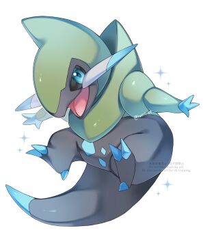 Rule 34 | alternate color, blue eyes, fraxure, full body, gen 5 pokemon, highres, iwasi 29, looking at viewer, nintendo, no humans, open mouth, pokemon, pokemon (creature), shiny pokemon, simple background, smile, solo, twitter username, watermark, white background