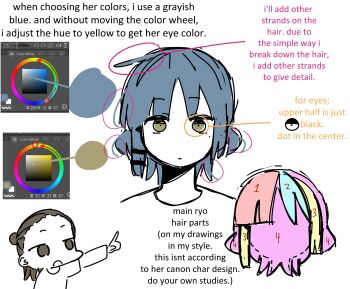 1boy 1girl absurdres artist_self-insert blue_hair bocchi_the_rock! brown_hair color_wheel commentary english_commentary english_text hair_ornament hairclip highres how_to long_sleeves looking_at_viewer machuuu68 medium_hair mole mole_under_eye shirt simple_background tagme white_background white_shirt yamada_ryo yellow_eyes