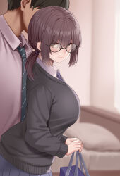 Rule 34 | 1boy, 1girl, bed, black hair, blue bag, blurry, blurry background, blush, breasts, closed mouth, collared shirt, commentary request, from side, glasses, holding, huyumitsu, indoors, large breasts, long sleeves, looking at viewer, looking to the side, necktie, original, purple necktie, shirt, skirt, white shirt