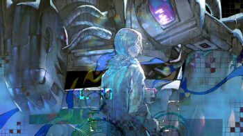 Rule 34 | anniversary, bly mead, coat, cowboy shot, digimon, digimon (creature), digimon story: cyber sleuth, from behind, glitch, highres, kamishiro yuugo, looking at viewer, looking back, mugendramon, non-humanoid robot, robot, robot dragon, short hair, white coat, white hair