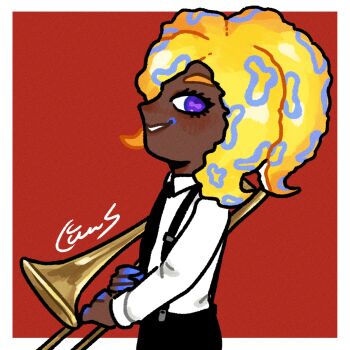 Rule 34 | 1girl, black necktie, black pants, black suspenders, border, cephalopod eyes, collared shirt, dark-skinned female, dark skin, hair over one eye, highres, holding, holding instrument, holding trombone, instrument, long sleeves, necktie, nintendo, orange hair, p sakudayo, pants, parted lips, patterned hair, purple eyes, red background, shirt, shirt tucked in, simple background, smile, solo, splatoon (series), splatoon 3, suspenders, tao blu, tentacle hair, trombone, white border, white shirt