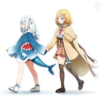2girls absurdres animal_costume animal_hood black_shorts black_thighhighs blonde_hair blue_eyes blue_hair blue_hoodie blunt_bangs bob_cut brown_coat brown_shoes brown_skirt closed_eyes closed_mouth coat collared_shirt commentary fins fish_tail full_body gawr_gura gawr_gura_(1st_costume) grey_hair hair_ornament high-waist_skirt highres holding_hands hololive hololive_english hood hoodie loafers long_hair long_sleeves magnifying_glass medium_hair miniskirt multicolored_hair multiple_girls necktie open_mouth plaid_clothes plaid_skirt pleated_skirt pocket_watch red_necktie shark_costume shark_hood shark_tail shirt shirt_tucked_in shoes short_necktie shorts skirt sleeves_past_wrists smile sneakers streaked_hair syringe_holster tail tail_under_clothes tenchi_mayo thigh_strap thighhighs two_side_up virtual_youtuber watch watson_amelia watson_amelia_(1st_costume) white_shirt white_shoes wide_sleeves