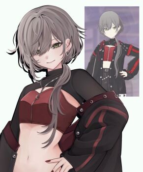 Rule 34 | 1girl, alternate costume, alternate hairstyle, azusawa kohane, azusawa kohane (cosplay), berrytrt, black jacket, black shrug, breasts, closed mouth, commentary request, cosplay, covered collarbone, crop top, derivative work, fingernails, game screenshot inset, green eyes, grey hair, hair between eyes, hair over shoulder, hand on own hip, high collar, highres, hinomori shiho, jacket, jewelry, long fingernails, long hair, long sleeves, looking at viewer, midriff, nail polish, navel, necklace, off shoulder, official alternate color, open clothes, open jacket, ponytail, project sekai, rattail, red nails, red shirt, reference inset, screenshot inset, shirt, shrug (clothing), sidelocks, simple background, sleeves past wrists, small breasts, smile, solo, stomach, tsurime, upper body, whip the wimp girl!! (project sekai), zipper