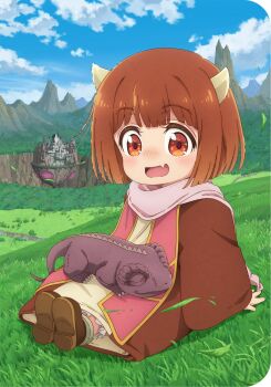 1girl artist_request blue_sky castle child day dou_(maou_no_musume_wa_yasashisugiru!!) fang floating_island highres horns maou_no_musume_wa_yasashisugiru!! mountain official_art outdoors sitting skin_fang sky solo