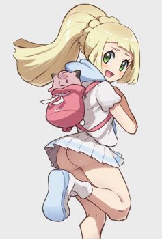 1girl ass backpack bag blonde_hair chiwino female_focus from_behind green_eyes grey_background highres kneepits leg_up lillie_(pokemon) loli long_hair looking_back miniskirt nintendo no_panties open_mouth pleated_skirt pokemon pokemon_sm ponytail running shirt shoes short_sleeves simple_background skirt smile socks solo standing standing_on_one_leg thighs white_shirt white_shoes white_skirt white_socks wind wind_lift