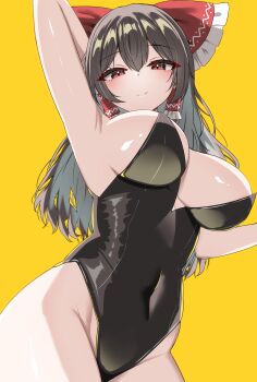1girl absurdres black_leotard bow breasts brown_hair covered_navel hair_bow hair_tubes hakurei_reimu highres kiui_(dagk8254) large_breasts leotard long_hair looking_at_viewer red_bow red_eyes simple_background smile solo strapless strapless_leotard touhou yellow_background