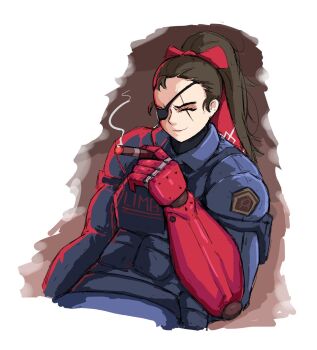 1girl brown_hair cigar closed_eyes closed_mouth commentary cowboy_shot english_commentary eyepatch hair_ribbon highres holding holding_cigar limbus_company littleteze long_hair metal_gear_(series) parody ponytail project_moon prosthesis prosthetic_arm red_ribbon ribbon saude_(project_moon) scar scar_across_eye scar_on_face smoking solo venom_snake