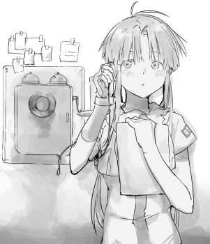 1girl aria_(manga) aria_company_uniform bad_id bad_twitter_id dress greyscale hands_up highres holding holding_phone inactive_account long_hair looking_at_viewer mizunashi_akari monochrome note parted_bangs parted_lips phone short_sleeves sidelocks solo suiso_(owp) upper_body