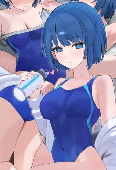 1girl ass blue_eyes blue_hair blue_one-piece_swimsuit blush bottle breasts cleavage closed_mouth commentary_request covered_navel heart highres holding holding_bottle jacket kiritani_haruka medium_breasts multiple_views one-piece_swimsuit open_mouth project_sekai short_hair swimsuit usagi_melon3 white_jacket