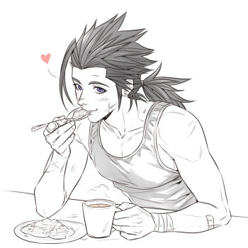 1boy bandaged_wrist bandages bandaid bandaid_on_arm bare_shoulders black_hair blue_eyes blush collarbone commentary cross_scar crylin6 cup earrings eating facial_scar final_fantasy final_fantasy_vii food greyscale heart holding holding_cup holding_spoon jewelry long_hair looking_at_viewer low_ponytail male_focus monochrome plate ponytail scar scar_on_cheek scar_on_face simple_background solo spiked_hair spoon stud_earrings tank_top upper_body white_background zack_fair
