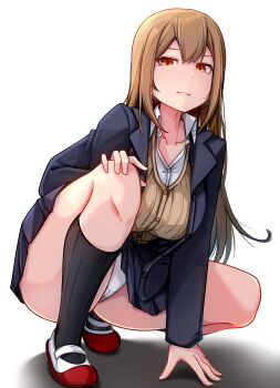 1girl baileys_(tranquillity650) black_jacket black_skirt black_socks blazer brown_cardigan brown_eyes brown_hair cardigan closed_mouth collarbone commentary_request hair_between_eyes highres jacket long_hair long_sleeves looking_at_viewer original panties school_uniform shirt shoes sidelocks simple_background skirt socks solo squatting thighs underwear uwabaki white_background white_panties white_shirt white_shoes