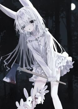 1girl animal animal_ears animal_on_leg axe biting bleeding blood blood_on_clothes blood_on_face blood_on_leg bloody_weapon blunt_bangs commentary dress empty_eyes feet_out_of_frame forest frilled_dress frills full_moon grey_eyes hayu_(hayu0305) highres holding holding_axe injury long_hair long_sleeves looking_at_viewer moon moonlight nature night open_mouth original outdoors parted_lips rabbit rabbit_ears rabbit_girl rabbit_tail revision short_dress sky sleeves_past_wrists solo symbol-only_commentary tail tree weapon white_dress white_hair