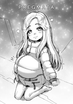 1girl 2025 :3 bad_tag blush coat diana_(pragmata) feet female female_focus greyscale highres legs loli long_hair looking_at_viewer monochrome pragmata pregnant pregnant_child pregnant_loli sitting smile solo sparkle thighs yuzun404