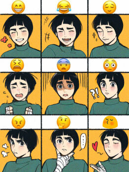 >_< 1boy black_eyes black_hair blowing_kiss closed_eyes commentary emoji english_commentary expression_chart gloom_(expression) grin hand_on_own_chin hand_wraps highres il1023il male_focus multiple_expressions naruto_(classic) naruto_(series) open_mouth puff_of_air rock_lee shaded_face smile sparkle thinking turtleneck