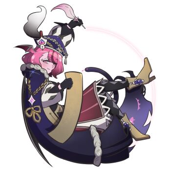 Rule 34 | 1girl, boots, cloak, colored eyelashes, colored skin, cookie run, cookie run: kingdom, eternal sugar cookie, eternal sugar cookie (ink for a tragicomedy), extra eyes, hair wings, highres, holding, holding paper, holding quill, luohe2001, paper, pink eyes, pink hair, pink skin, quill, short hair, solo, white background, white eyelashes