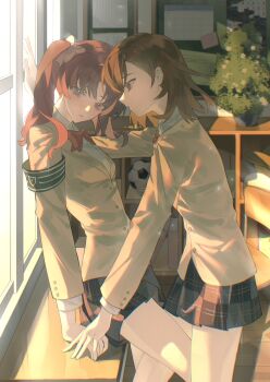 2girls assertive_female averting_eyes ball blazer bow bowtie brown_eyes brown_hair brown_jacket collared_shirt commentary evenf hair_bow highres holding_hands indoors jacket judgement_armband_(toaru) kabedon long_hair long_sleeves medium_hair miniskirt misaka_mikoto multiple_girls plaid_clothes plaid_skirt plant potted_plant red_bow red_bowtie school_uniform shelf shirai_kuroko shirt skirt soccer_ball symbol-only_commentary toaru_kagaku_no_railgun toaru_majutsu_no_index tokiwadai_school_uniform twintails white_bow white_shirt window winter_uniform yuri