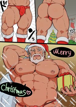 !? 1boy 1other abs ass bara beard box christmas_tree commentary_request facial_hair full_beard gift gift_box hat highres holding holding_gift holding_sack hoshieda_(hoshinoedao) large_pectorals male_focus merry_christmas muscular muscular_male navel nipples original pectorals sack santa_claus santa_hat speech_bubble strongman_waist thick_thighs thighs thong topless_male