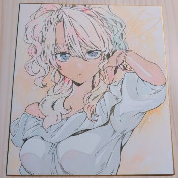 Rule 34 | 1girl, bad id, bad twitter id, blonde hair, bracelet, braid, breasts, dark-skinned female, dark skin, food court de mata ashita, frilled shirt, frills, highres, jewelry, light frown, looking at viewer, nariie shin'ichirou, photo (medium), puffy short sleeves, puffy sleeves, shikishi, shirt, short sleeves, single bare shoulder, single off shoulder, solo, tan, traditional media, tucking hair, upper body, yamamoto (food court)