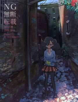 1girl alley black_hair black_pantyhose breasts cat collared_shirt commentary_request dark-skinned_female dark_skin emma_(pokemon) espurr flower full_body gen_6_pokemon grey_fur highres horimhkw11 looking_at_viewer nintendo orange_shoes orange_skirt outdoors pantyhose pokemon pokemon_(creature) pokemon_xy purple_eyes purple_sweater red_flower shirt shoes skirt standing sweater twintails