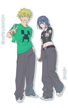 1boy 1girl absurdres artist_name baggy_pants belt black_belt black_choker black_shirt black_shoes blonde_hair blue_hair breasts chainsaw_man choker creeper denji_(chainsaw_man) enderman full_body green_eyes green_shirt grey_pants grin hair_between_eyes highres male_focus minecraft murangee pants red_eyes reze_(chainsaw_man) shirt shoes short_hair simple_background smile t-shirt v very_short_hair white_background