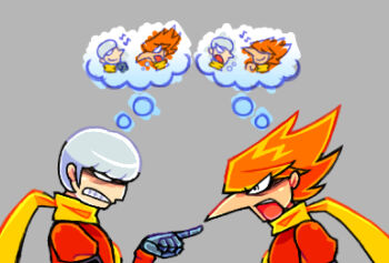 2boys albert_heinrich big_nose coat cyborg cyborg_009 grey_hair hair_over_face highres jet_link lion_screaming_at_monkey_(meme) long_hair looking_at_another mechanical_hands meme multiple_boys orange_hair red_coat scarf shaded_face short_hair spiked_hair stonedocean420 white_eyes yellow_scarf