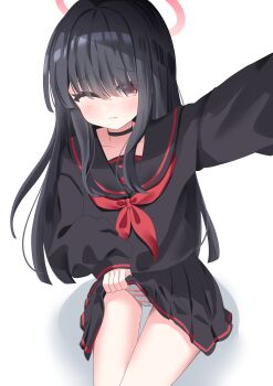 1girl absurdres black_choker black_hair black_sailor_collar black_serafuku black_skirt blue_archive blue_panties blunt_bangs blush choker closed_mouth clothes_lift eyes_visible_through_hair hair_over_eyes highres justice_task_force_member_(blue_archive) long_hair looking_at_viewer panties reaching reaching_towards_viewer red_ribbon ribbon sailor_collar school_uniform serafuku sidelocks skirt skirt_lift solo striped_clothes striped_panties underwear yuzuline2080