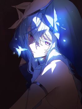1girl absurdres arm_strap blue_hair bug butterfly closed_mouth commentary_request crossed_bangs detached_hood dress expressionless from_side hair_between_eyes highres hood hood_up insect long_hair looking_at_viewer nasol purple_eyes shorekeeper_(wuthering_waves) solo thick_eyelashes upper_body white_dress wuthering_waves