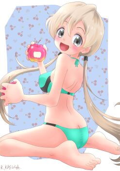 1girl absurdres asagao_(kunoichi_tsubaki_no_mune_no_uchi) ass bikini black_bikini blonde_hair blue_background blush breasts butt_crack dot_nose eating female_focus food from_behind from_side full_body green_bikini grey_eyes hands_up highres holding holding_food kunoichi_tsubaki_no_mune_no_uchi long_hair looking_at_viewer looking_back low_twintails medium_breasts multicolored_bikini open_mouth petite rurito0725 simple_background sitting smile solo sports_bikini swimsuit toes turning_head twintails two-tone_background two-tone_bikini wariza white_background