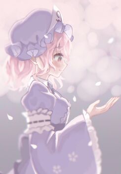 1girl blue_hat blue_kimono blush cherry_blossoms commentary falling_petals floral_print frilled_hat frilled_sleeves frills hat highres japanese_clothes kimono long_sleeves looking_down medium_hair mob_cap petals pink_hair profile saigyouji_yuyuko smile solo touhou triangular_headpiece wide_sleeves yoi_(bo2ezn)